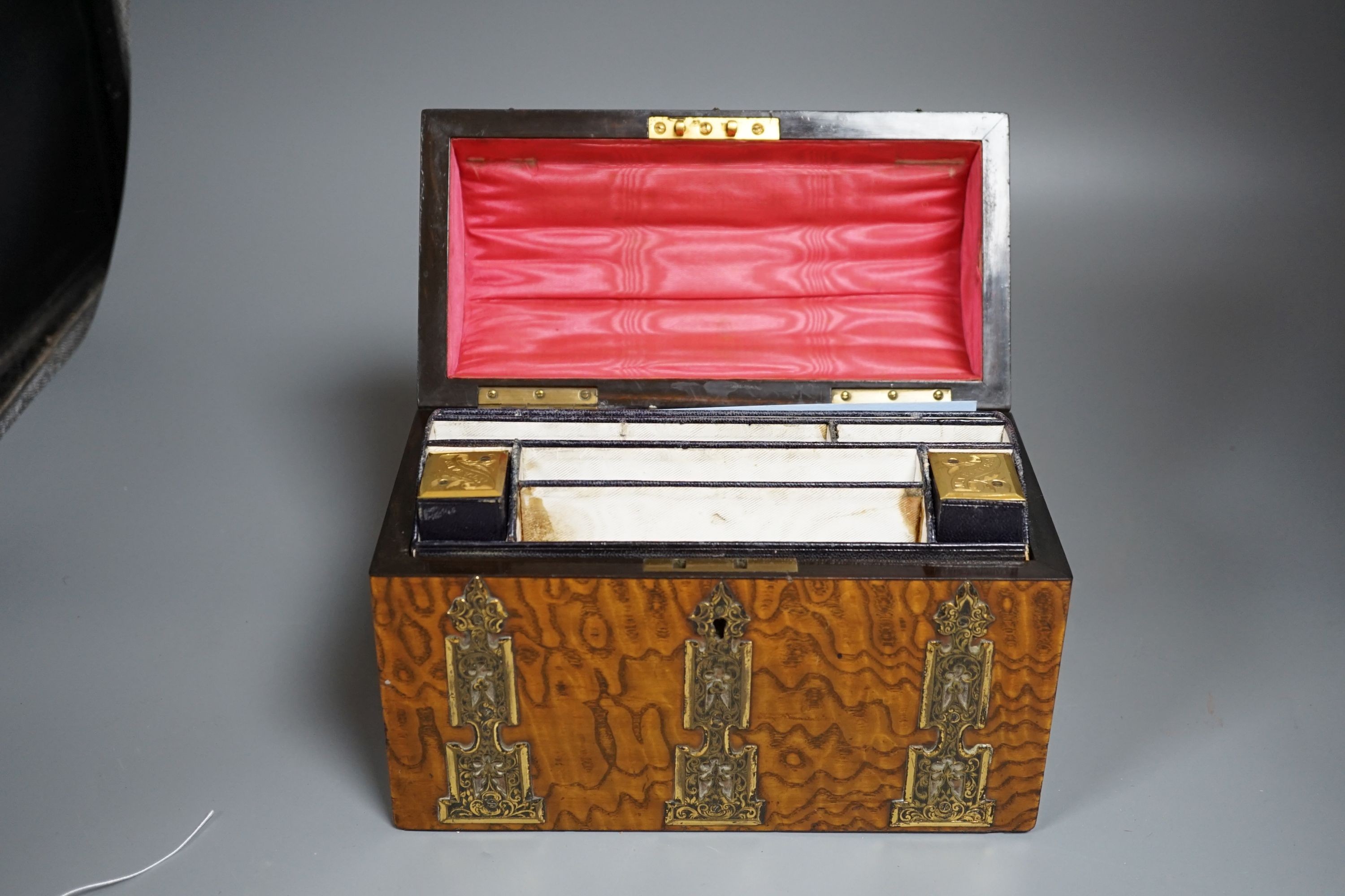 A Victorian Hungarian ash stationery box by Mechi, 114 Regent Street London, domed top with decorative gilt mounts fitted interior with 